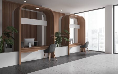 Corner of bank work zone with white and wooden walls, tiled floor, computer tables and black chairs for customers. Big windows with cityscape. 3d rendering
