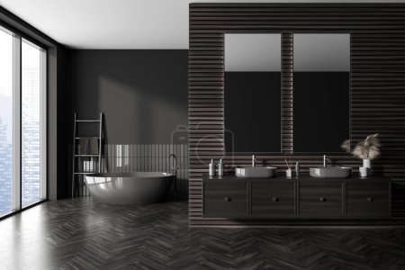 Foto de Interior de baño moderno con paredes grises y de madera, suelo de madera oscura, cómodo lavabo doble y acogedora bañera gris en el fondo. renderizado 3d - Imagen libre de derechos