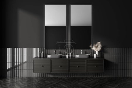 Photo for Dark bathroom interior with double sink and two mirrors, washbasin and floating black wooden cabinet with bathing accessories and hardwood floor. 3D rendering - Royalty Free Image
