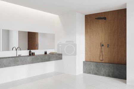 Téléchargez les photos : Hôtel de luxe salle de bain intérieure avec lavabo et douche en béton, vue latérale plancher en béton blanc. Coin de bain moderne avec accessoires minimalistes et miroir. rendu 3D - en image libre de droit