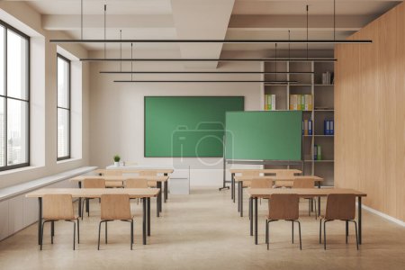 Photo for Cozy modern classroom interior with wooden desk and chair in row, mock up copy space green chalkboard. Shelf with folders and panoramic window on Kuala Lumpur city view. 3D rendering - Royalty Free Image