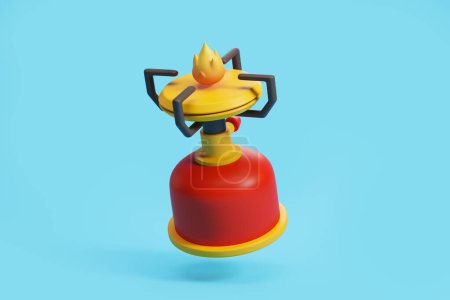Foto de Estufa de gas roja de camping con llama, fondo azul vacío, quemador portátil para el turismo de naturaleza. Concepto de senderismo y equipamiento. Ilustración de representación 3D - Imagen libre de derechos