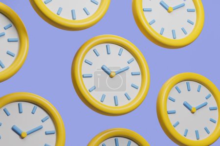 Téléchargez les photos : Rangée d'horloges de bande dessinée jaune patter sur fond bleu. Concept de temps, de plan, de gestion et de calendrier. Illustration de rendu 3D - en image libre de droit
