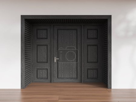 Foto de Vista de la elegante puerta de madera negra en la pared blanca de la casa con piso de madera. Concepto de puerta principal y entrada. renderizado 3d - Imagen libre de derechos