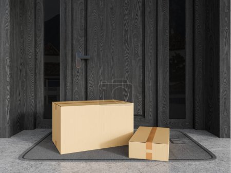 Photo for Two cardboard boxes lying on door mat near black door. Concept of delivery services and logistics. 3d rendering - Royalty Free Image
