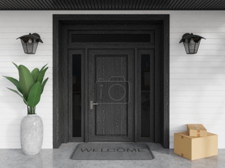 Foto de Dos cajas de cartón en la entrada de la puerta principal de la casa en blanco y negro, alfombra de bienvenida y paquetes en el suelo de hormigón gris. Concepto de entrega a domicilio. Prepara espacio para copias. Ilustración de representación 3D - Imagen libre de derechos