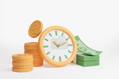 Foto de Reloj de dibujos animados con monedas de dólar y billetes sobre fondo blanco. Inversión, finanzas y tiempo. Concepto de inversión y ahorro a largo plazo. Ilustración de representación 3D - Imagen libre de derechos