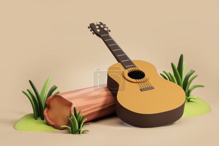 View of classic wooden acoustic guitar lying on log over beige background. Concept of musical instruments, camping and creative hobbies. 3d rendering