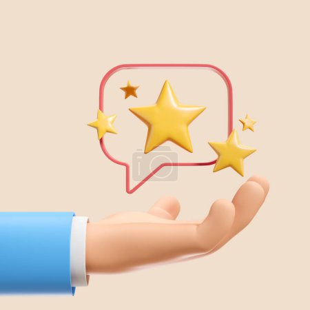 Photo for 3d rendering. Cartoon character man hand with speech bubble and five stars, customer service feedback. Concept of review and satisfaction illustration - Royalty Free Image