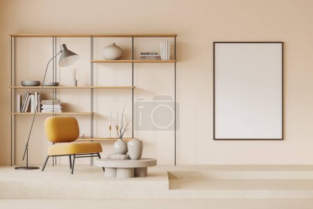 Photo for Interior of modern living room with beige walls, comfortable yellow armchair, round coffee table, bookshelves and vertical mock up poster. 3d rendering - Royalty Free Image