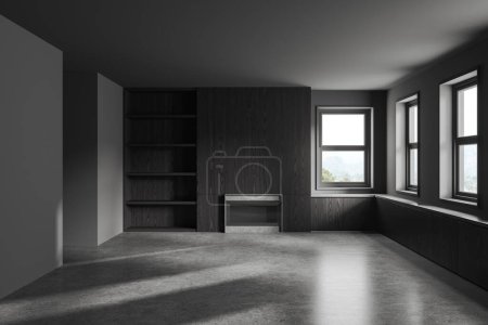 Foto de Interior de la casa vacía oscura con suelo de hormigón gris, vista frontal sala de estar con chimenea y estante. Ventana panorámica en el campo. Sin muebles, sin gente. Renderizado 3D - Imagen libre de derechos