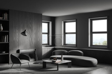 Photo for Dark home living room interior with sofa and armchair, side view. Shelf and coffee table with decor, carpet on grey concrete floor. Panoramic window on countryside. 3D rendering - Royalty Free Image
