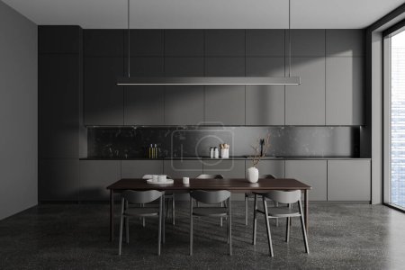 Photo for Grey modern home kitchen interior with dinner table, cooking zone with hidden shelves and kitchenware. Panoramic window on skyscrapers. 3D rendering - Royalty Free Image