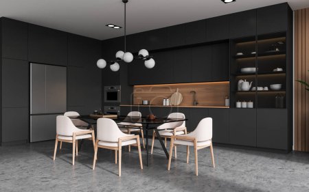 Téléchargez les photos : Intérieur de cuisine moderne avec chaises et table à manger, vue latérale sol en béton gris. Coin cuisine élégant avec étagères et réfrigérateur, placard et ustensiles de cuisine. rendu 3D - en image libre de droit