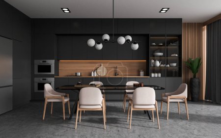 Photo for Interior of stylish kitchen with gray and wooden walls, concrete floor, gray cabinets, oven and long dining table with chairs. 3d rendering - Royalty Free Image