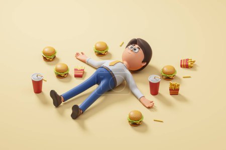 Photo for View of cartoon man in glasses lying among burgers, French fries and drinks over yellow background. Concept of fast food and nutrition. 3d rendering - Royalty Free Image
