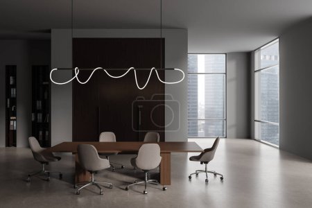 Photo for Dark office meeting interior with armchairs and conference table, beige concrete floor. Shelf with folders and wooden cabinet, panoramic window on skyscrapers. 3D rendering - Royalty Free Image