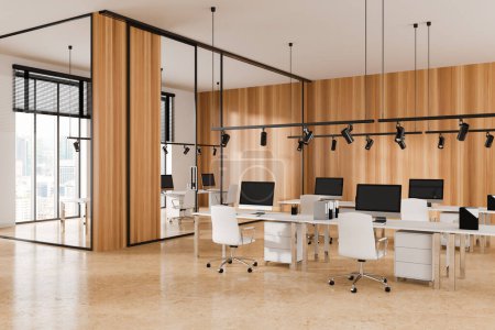 Photo for Modern business interior with armchairs and pc computer on desk in row, side view beige concrete floor. Glass doors and panoramic window on Singapore skyscrapers. 3D rendering - Royalty Free Image