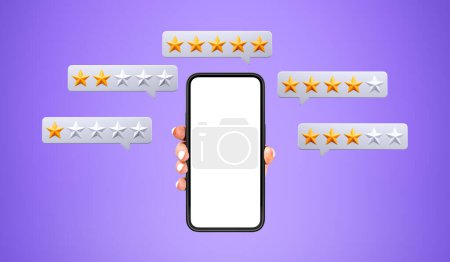 Photo for Hand of woman holding smartphone with mock up screen over purple background with star rating. Concept of giving service feedback and ranking - Royalty Free Image