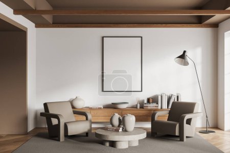 Photo for Interior of modern living room with white walls, wooden floor, two cozy armchairs, round coffee table and wooden dresser with vertical mock up poster hanging above it. 3d rendering - Royalty Free Image