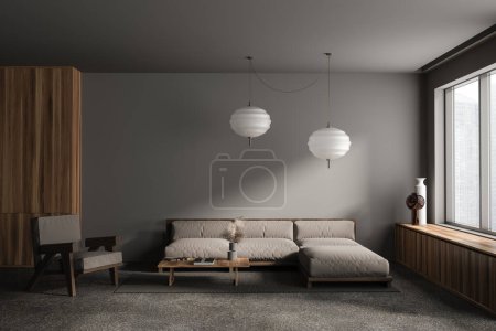 Photo for Grey home living room interior with soft place, sofa and armchair with coffee table on carpet, grey concrete floor. Relax place and panoramic window on skyscrapers. 3D rendering - Royalty Free Image