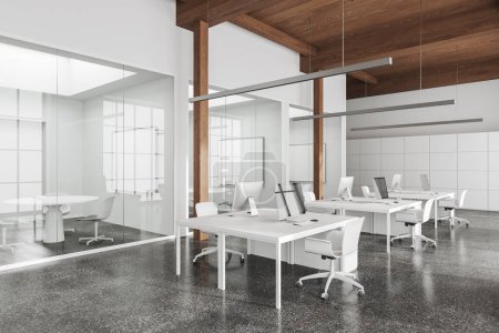 Foto de Interior de la oficina blanca con coworking y sala de conferencias de vidrio, vista lateral. Acogedor rincón del lugar de trabajo con escritorio y ordenador PC en fila, piso de hormigón gris. Renderizado 3D - Imagen libre de derechos