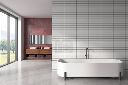 Photo for Front view on bright bathroom interior with bathtub, empty white wall, large mirror, panoramic window with countryside view, sinks, concrete floor, shelves with towels. 3d rendering - Royalty Free Image
