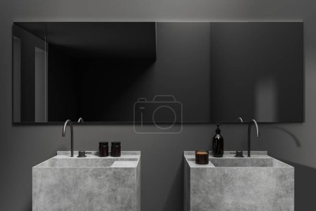 Photo for Dark bathroom interior with double sink and large mirror, front view, deck with hotel bathing accessories. 3D rendering - Royalty Free Image