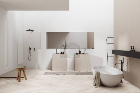 Foto de Interior del baño blanco con bañera en suelo de madera. Fregadero doble con espejo grande, ducha y cubierta con accesorios, escalera de toalla. Renderizado 3D - Imagen libre de derechos