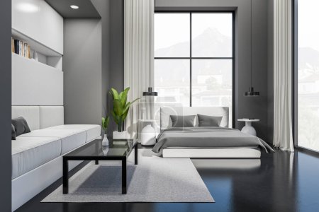 Photo for Dark bedroom interior with bed and sofa with shelf and decoration, front view, carpet on grey concrete floor. Panoramic window on countryside view. 3D rendering - Royalty Free Image