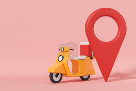 Photo for Yellow scooter with a parcel on pink background, large geo tag. Concept of delivery and tracking. Copy space. 3D rendering - Royalty Free Image