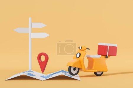 Photo for Yellow scooter with geo tag on world map with direction signs, road pointer mockup copy space on yellow background. Concept of delivery and tracking. 3D rendering - Royalty Free Image