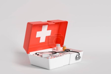 Photo for Red first aid kit with pills and stethoscope, side view on light grey background. Concept of emergency and doctor. 3D rendering - Royalty Free Image