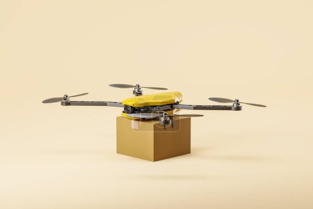 Photo for Yellow copter robot with carton box on beige background. Modern autonomous bot for drone delivery service. Mockup copy space. 3D rendering - Royalty Free Image