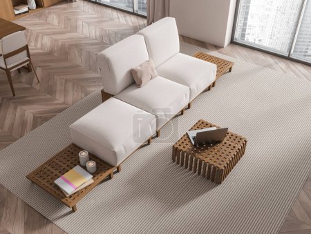 Photo for Top view on bright living room interior with coffee table, sofa, laptop, table with chair, white wall, panoramic window, oak wooden hardwood floor, carpet. Concept of minimalist design. 3d rendering - Royalty Free Image