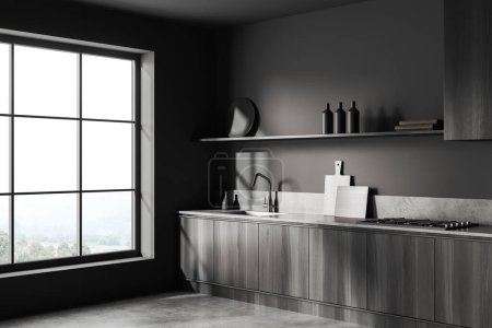 Photo for Corner view on dark kitchen room interior with cupboard, grey wall, concrete floor, panoramic window, shelves, gas cooker. Concept of minimalist design. 3d rendering - Royalty Free Image