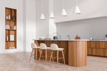 Photo for Corner view on bright kitchen room interior with island, barstools - Royalty Free Image
