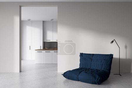 Photo for Front view on bright kitchen room interior with sofa, cupboard, empty white wall, island, concrete floor, lamp. Concept of minimalist design. 3d rendering - Royalty Free Image