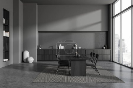 Téléchargez les photos : Vue de face sur cuisine sombre intérieure avec table à manger, chaises, placard, mur gris, sol en béton chêne, étagères, fenêtre panoramique, machine à café. Concept de design minimaliste. Rendu 3d - en image libre de droit