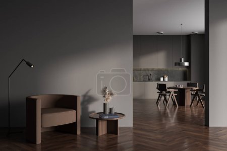 Photo for Dark kitchen interior with relax area, armchair and coffee table. Dining zone with chairs and table, cooking space and kitchenware. Mockup empty wall, 3D rendering - Royalty Free Image