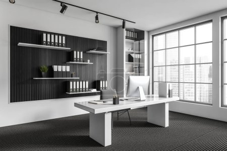 Photo for White business room interior with pc computer on work desk, side view, carpet on the floor. Cabinet and shelf with documents. Panoramic window on city view. 3D rendering - Royalty Free Image