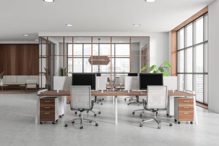 Photo for Business interior with armchairs and pc computer on desk. Coworking space, conference room and lounge zone with panoramic window on Singapore city view. 3D rendering - Royalty Free Image