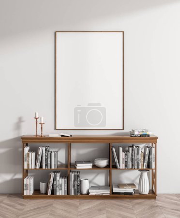 Photo for White living room interior with sideboard and art decoration, stylish library on hardwood floor. Mock up canvas poster. 3D rendering - Royalty Free Image
