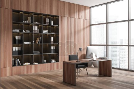 Photo for Business room interior with pc computer on work desk, side view, cabinet with business documents and panoramic window on city view, hardwood floor. 3D rendering - Royalty Free Image