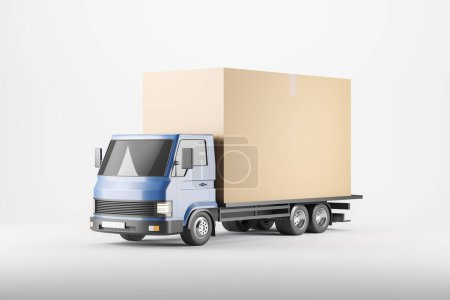 Photo for Delivery van with big cardboard box, side view, white background. Concept of wholesale order and logistics. Mockup copy space. 3D rendering - Royalty Free Image