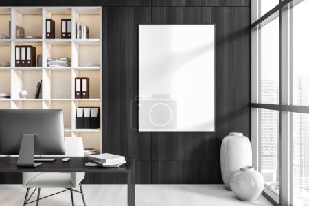 Photo for Modern ceo room interior with pc computer on desk. Black wooden cabinet with documents and decoration. Panoramic window on city view. Mock up canvas poster. 3D rendering - Royalty Free Image