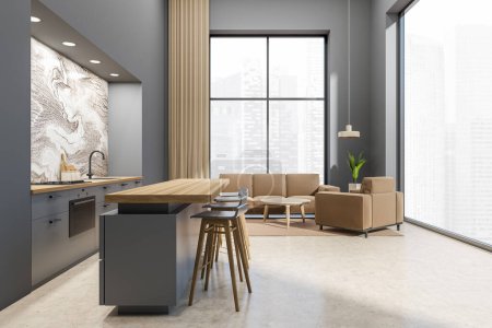 Photo for Dark studio interior with bar island and chairs, cooking area with kitchenware. Sofa with coffee table in the corner, beige concrete floor. Panoramic window on Singapore city view. 3D rendering - Royalty Free Image