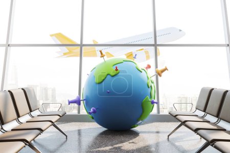 Foto de Zona de espera en el aeropuerto, asientos y esfera de tierra de dibujos animados con alfileres. Avión volador en ventanas panorámicas, rascacielos Kuala Lumpur. Concepto de viaje mundial y turismo. Renderizado 3D - Imagen libre de derechos