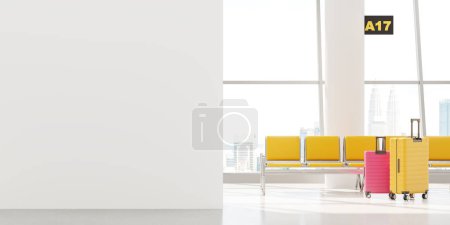 Photo for Airport waiting area, yellow seats and two suitcases. Panoramic windows on Kuala Lumpur skyscrapers. Concept of travel and tourism. Mockup empty wall partition. 3D rendering illustration - Royalty Free Image