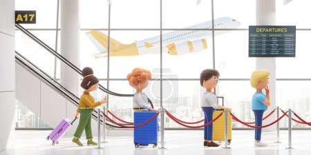 Téléchargez les photos : Rendement 3D. Personnages de dessins animés en attente d'enregistrement, hall d'aéroport avec escalator, écran de départ et décollage de l'avion. Concept d'enregistrement, d'enregistrement et d'illustration de voyage - en image libre de droit